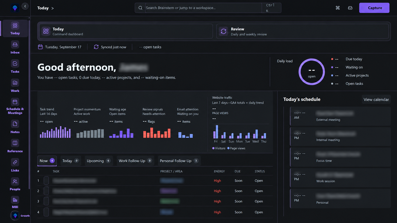 Brainstem Today dashboard showing connected tasks, projects, analytics, and scheduling with personal details obscured
