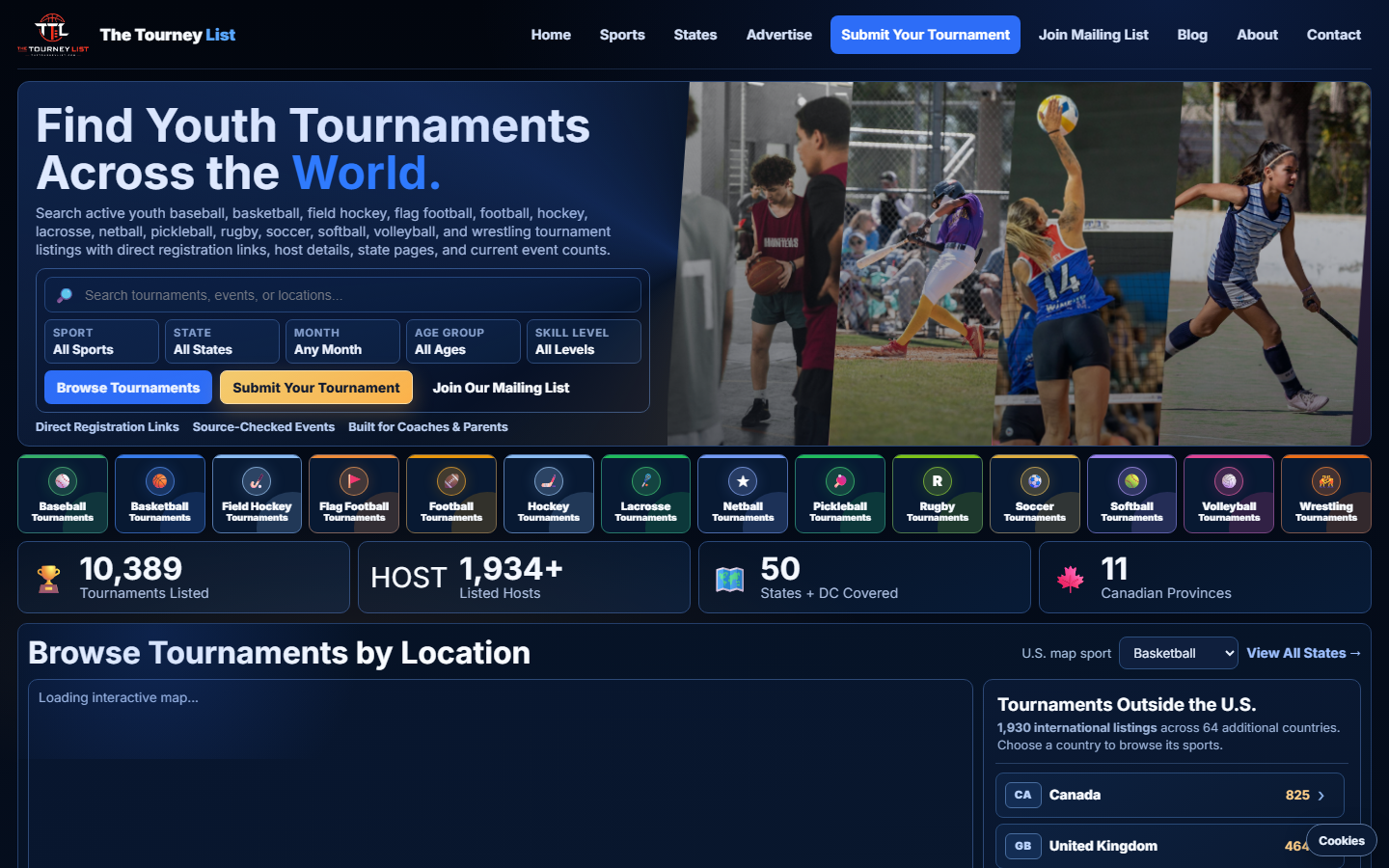 The Tourney List homepage showing youth sports tournament search tools