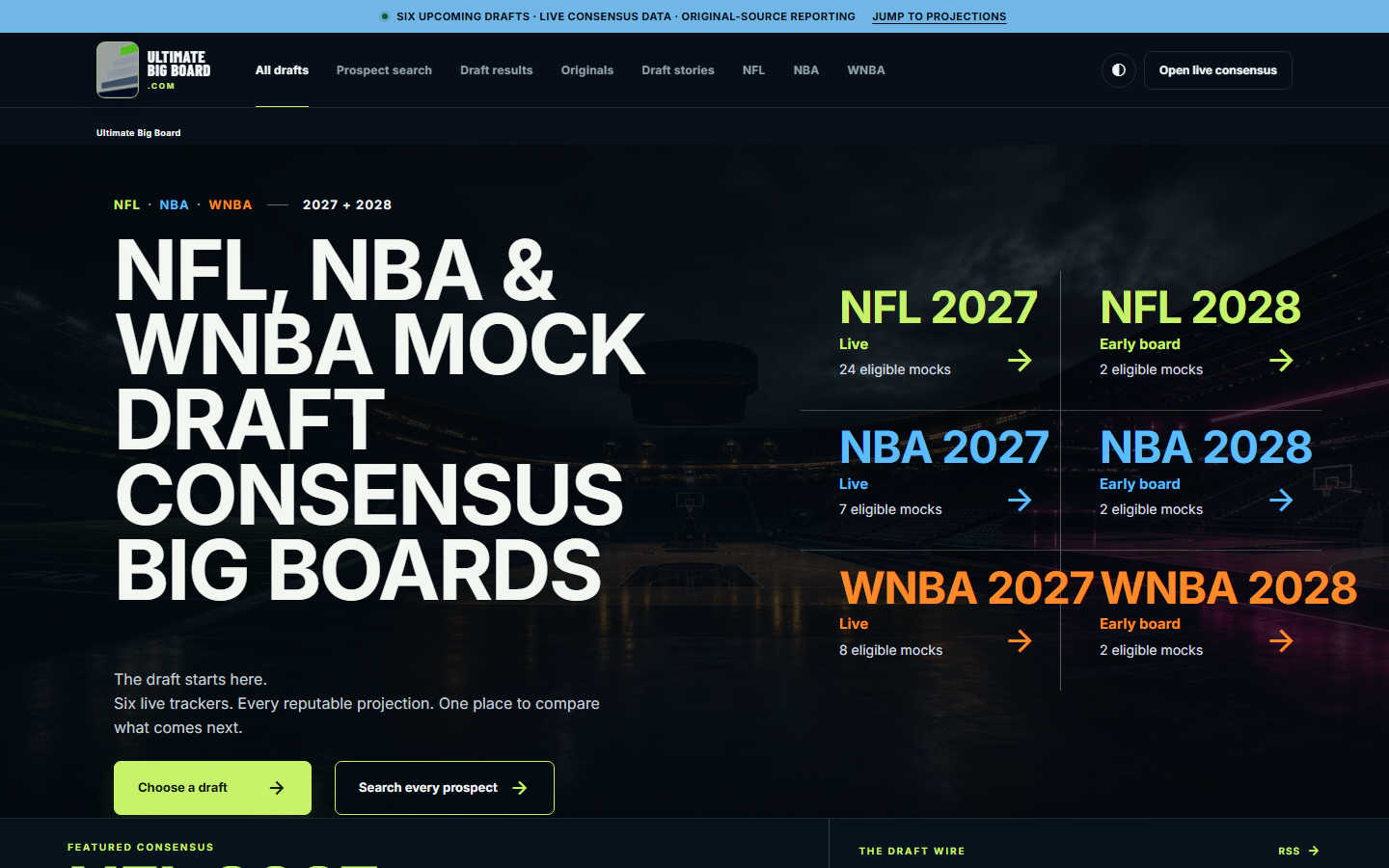Ultimate Big Board homepage showing NFL, NBA, and WNBA draft consensus boards